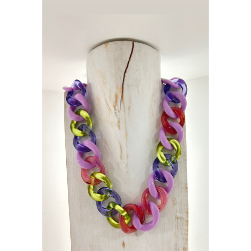 Collier maillons anse de sac violet et vert