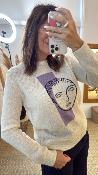 Pull manches longues col rond motif écru et parme WKV040 NT
