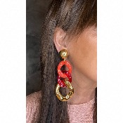 Boucles Oreilles maillons rouge doré 