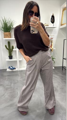 Pantalon beige à petits carreaux bordeaux M8419P MR