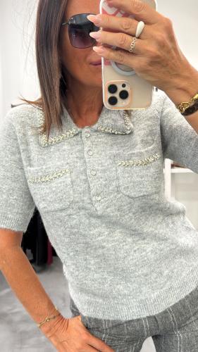 Pull manches courtes à strass gris 054-260010 BSB