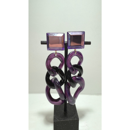 Boucles Oreilles maillons violet noir miroir
