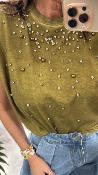 T-shirt à strass olive M37F0252 SOUVENIR