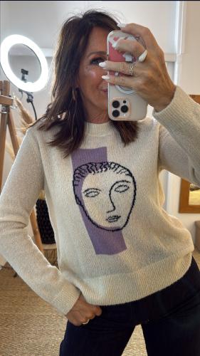 Pull manches longues col rond motif écru et parme WKV040 NT