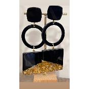 Boucles Oreilles noir et feuilles or
