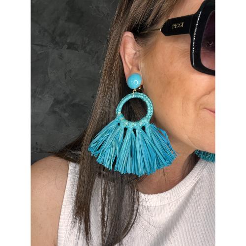 Boucles Oreilles raphia bleu turquoise