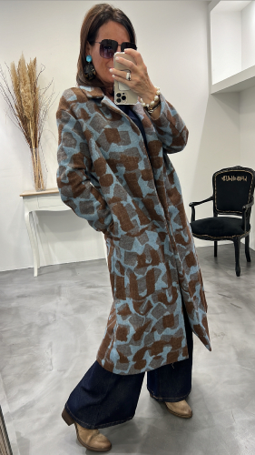 Manteau long bleu et marron M6138G