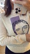 Pull manches longues col rond motif écru et parme WKV040 NT