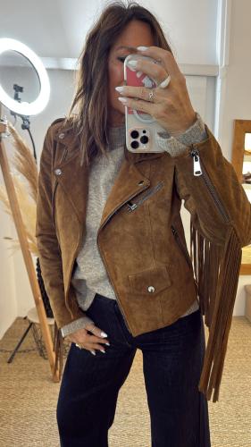 Veste perfecto à franges en cuir Camel V144Y007A DIXIE