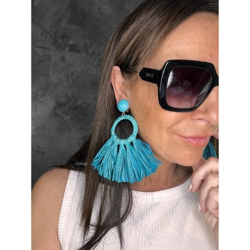 Boucles Oreilles raphia bleu turquoise