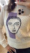 Pull manches longues col rond motif écru et parme WKV040 NT