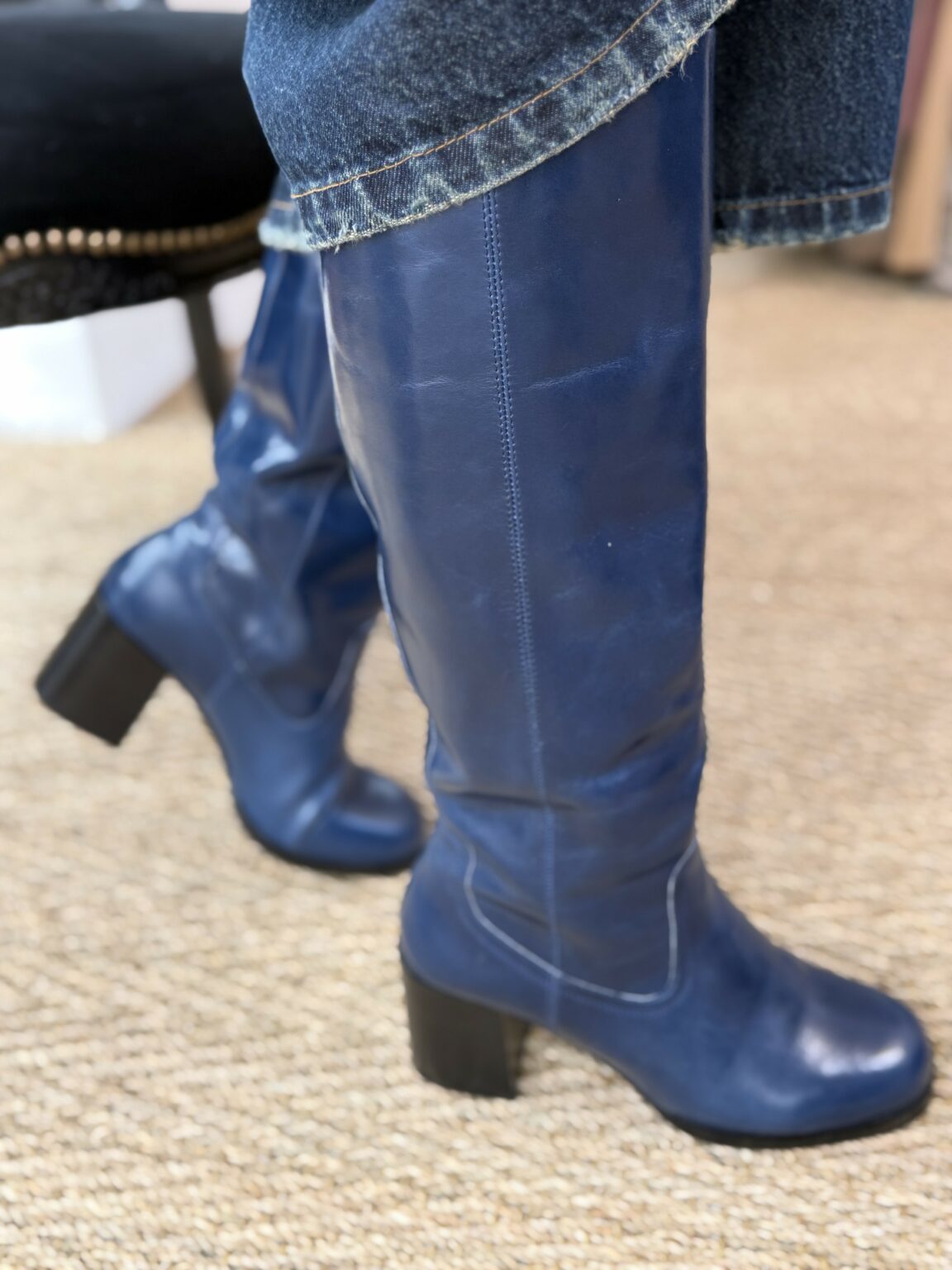 bottes en cuir lisse marine à talon bloc