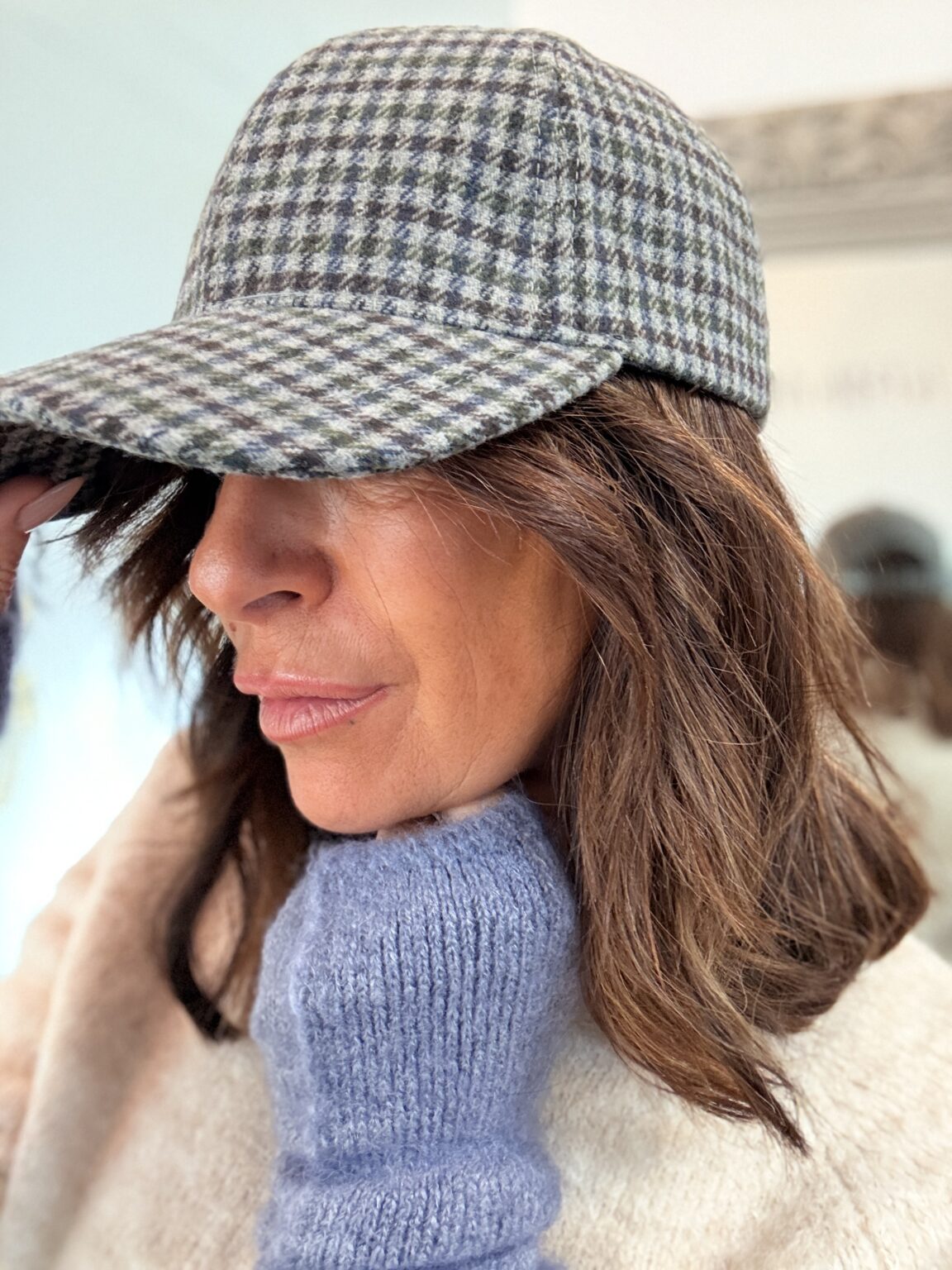 casquette en laine à motif pied de poule beige