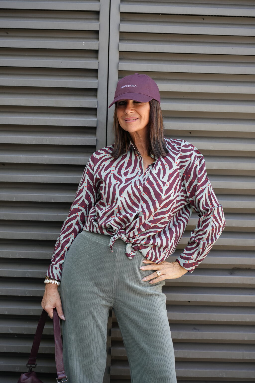 chemise imprimée vert et bordeaux