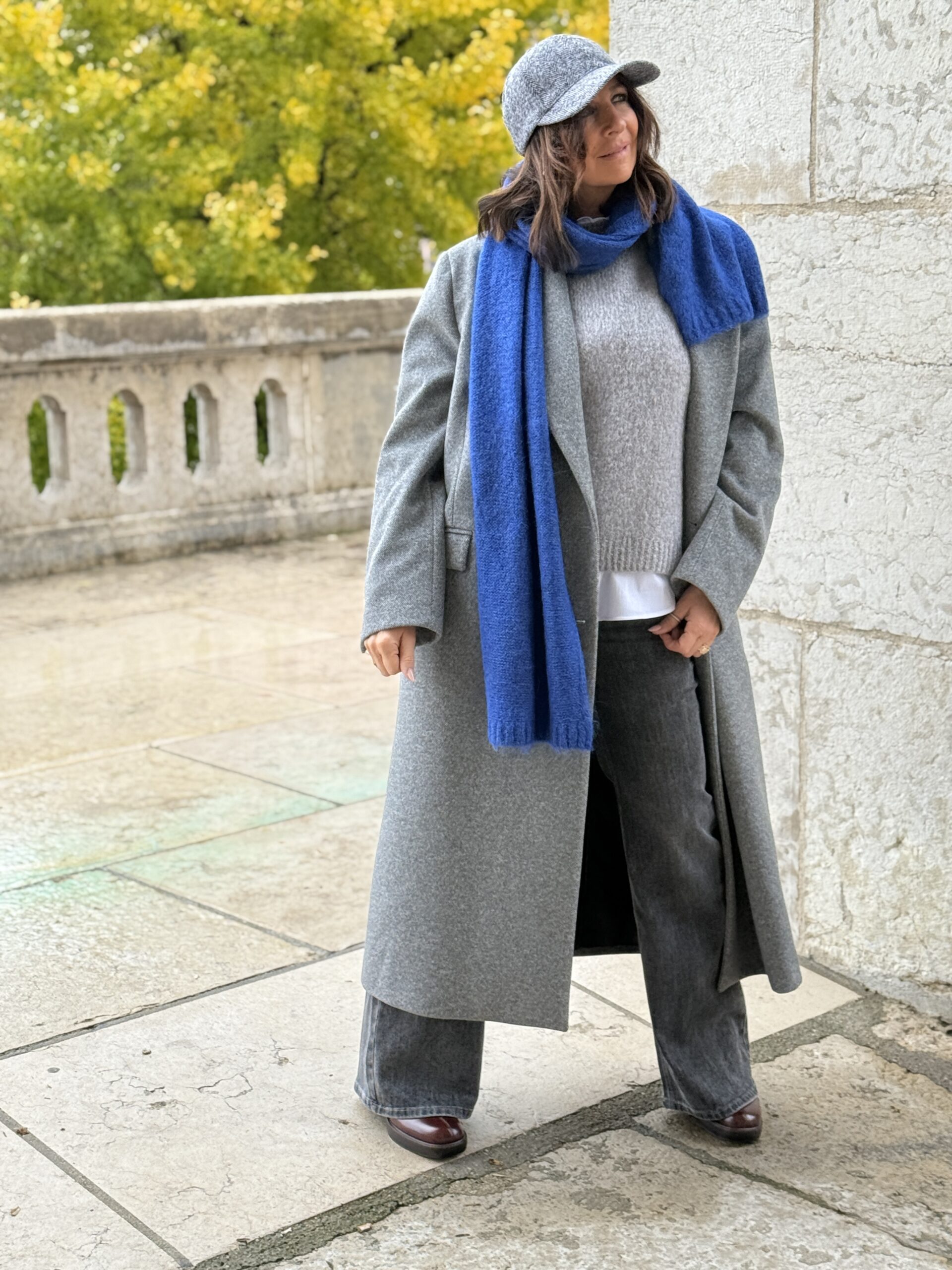 fulllook manteau pull echarpe jeans mêmeroad muchmoney1