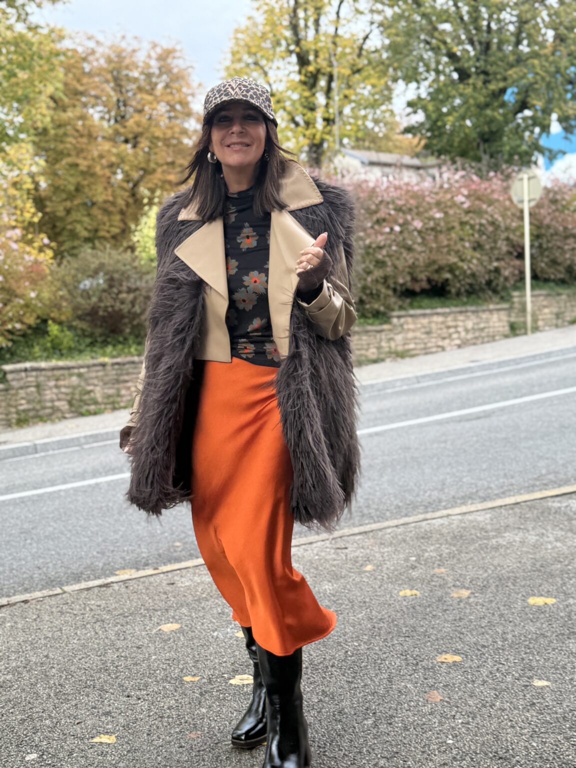 jupe fourrure cuir marron beige orange imperial même road3