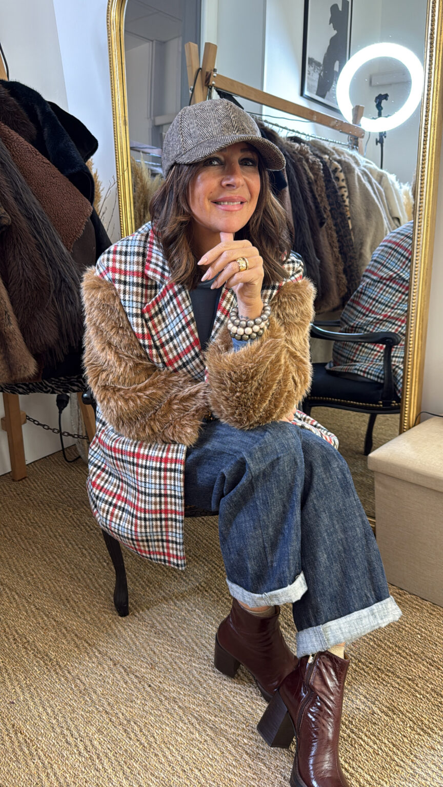 manteau mi long quadri fourrure synthétique