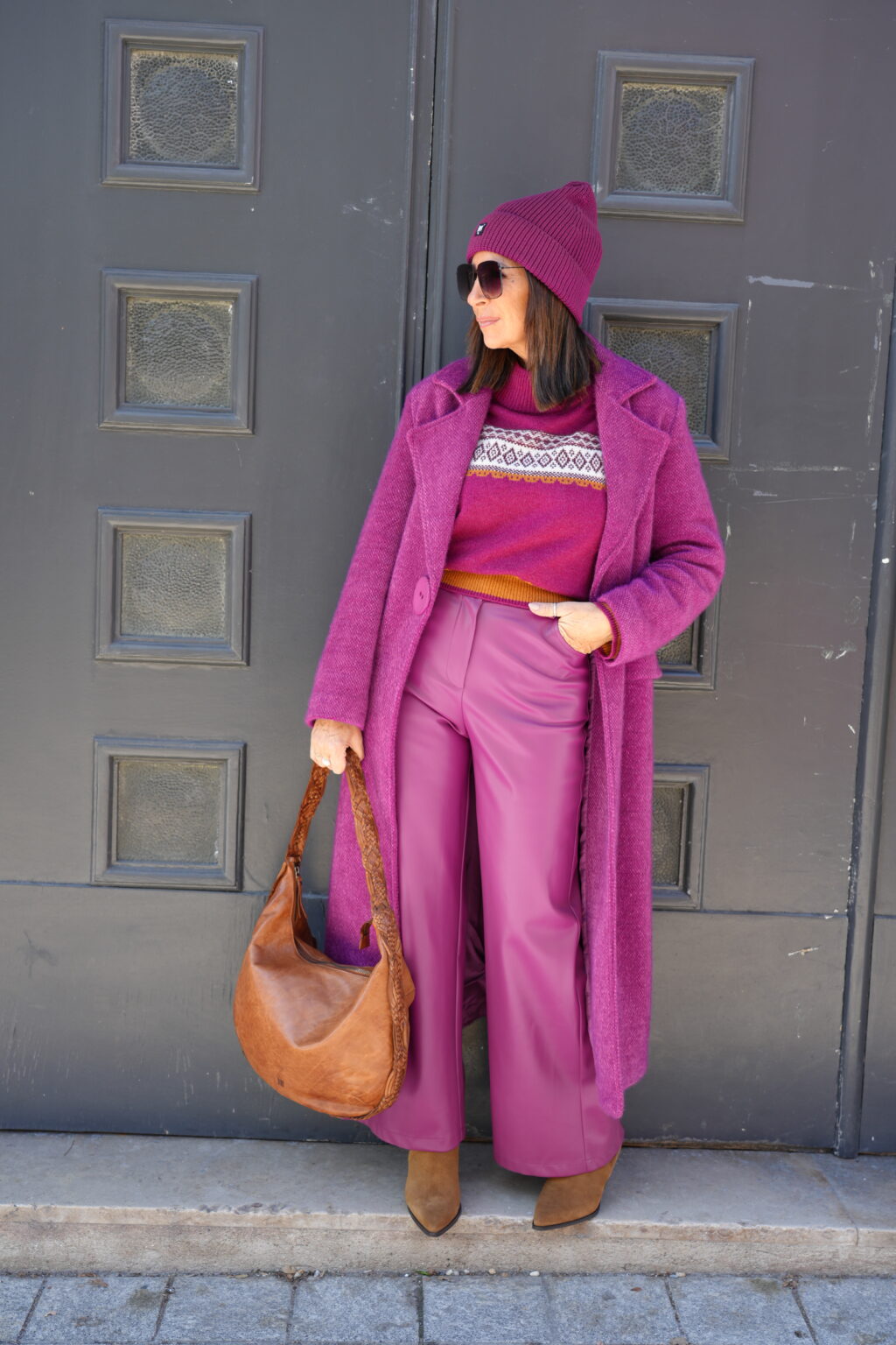 pull col montant à motifs fuxia