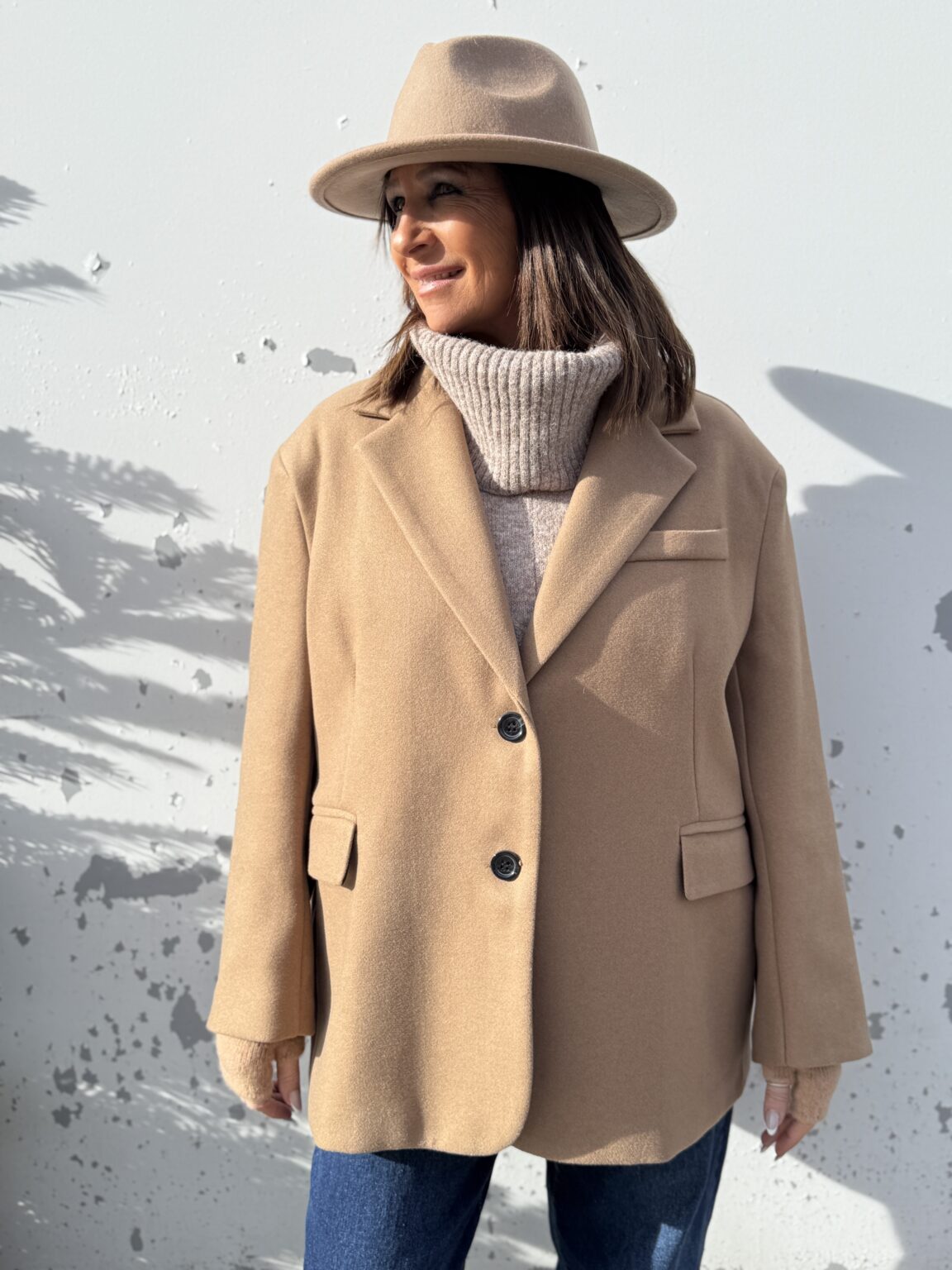 manteau mi long oversize camel