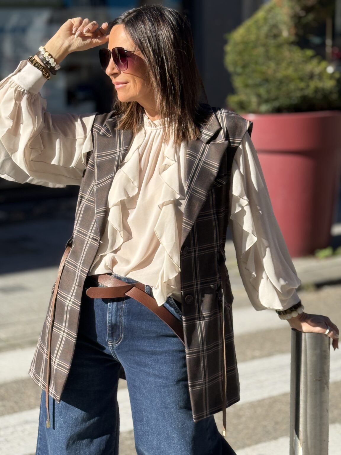 gilet long à carreaux chocolat