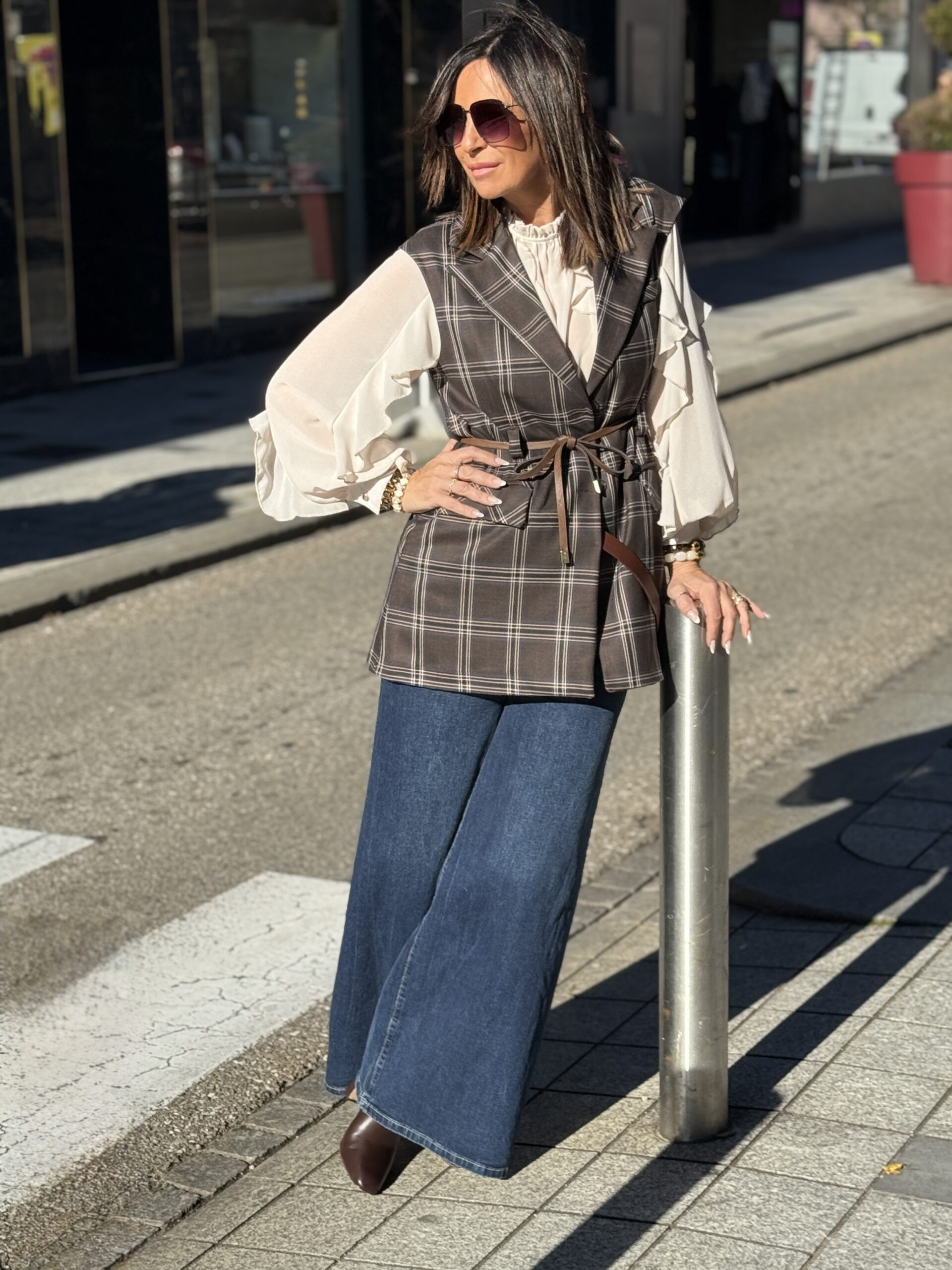 gilet long à carreaux chocolat