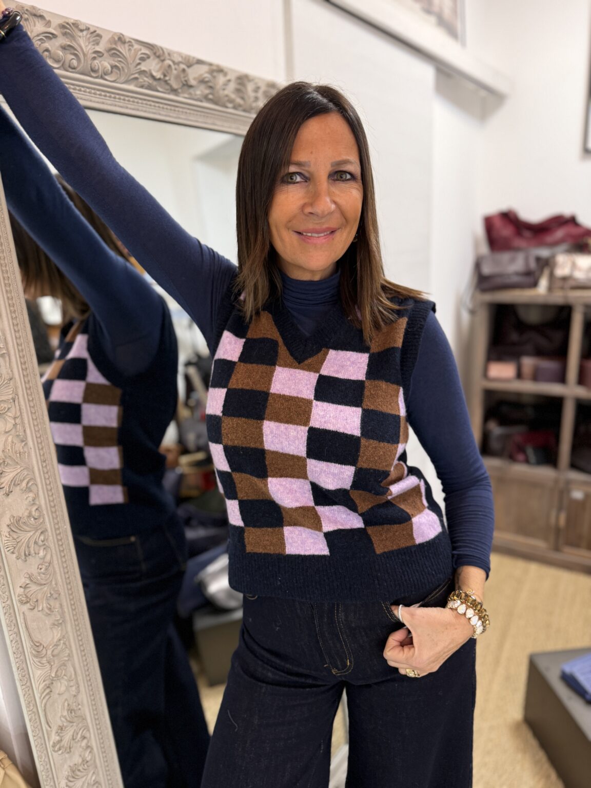 pull sans manches à motif damier