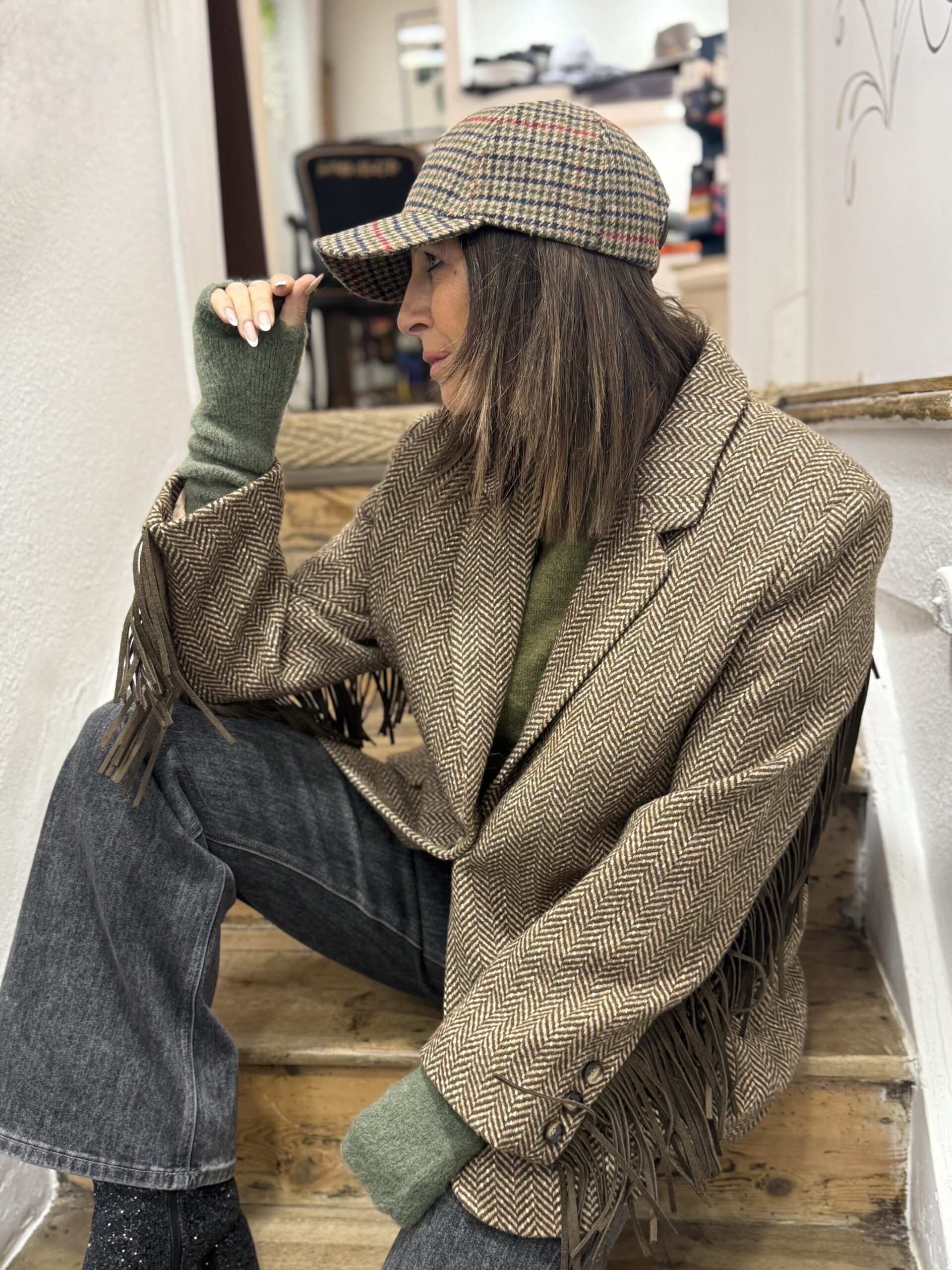 veste blazer à franges à motif chevrons beige et marron