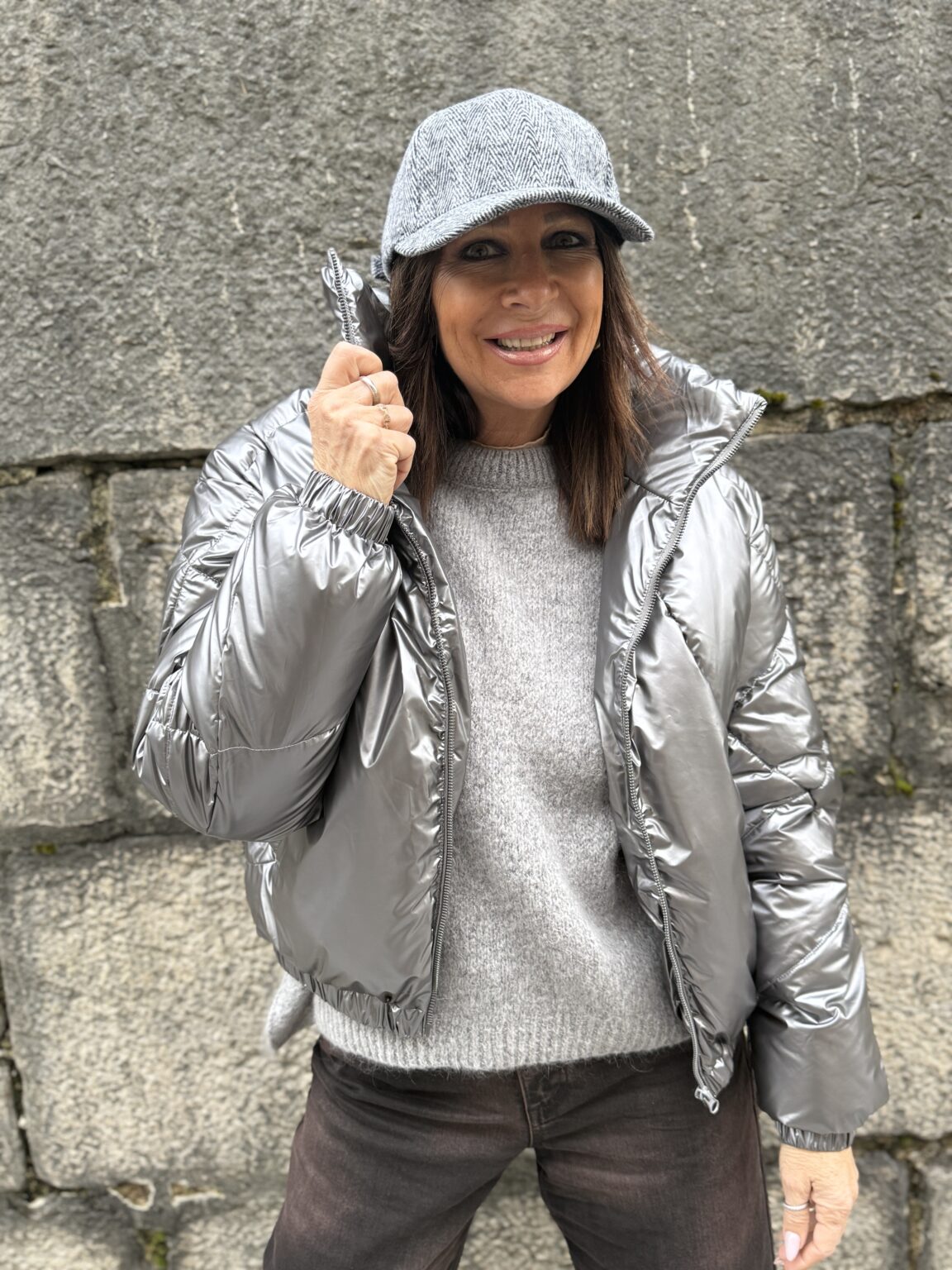 doudoune courte métallisée gris acier