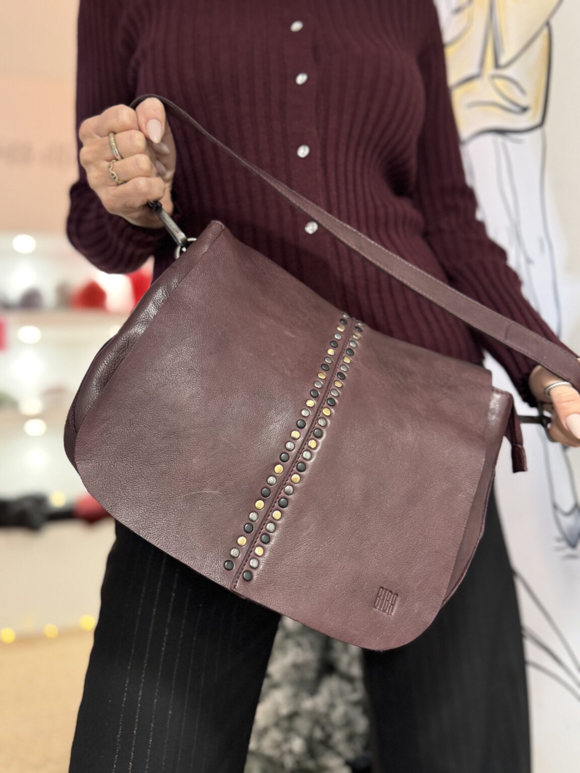 sac bandoulière en cuir avec rabat prune