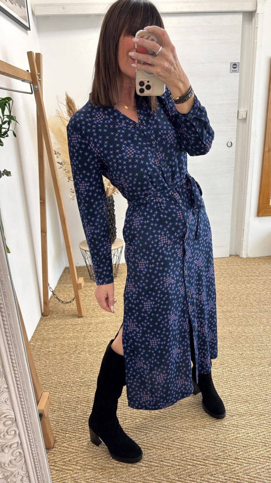 robe chemise imprimée graphique fleuri bleu nuit