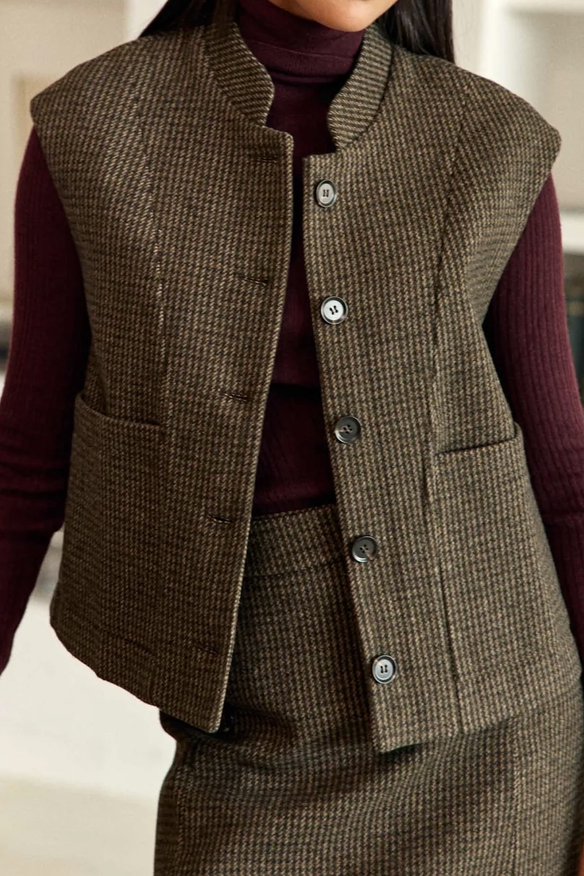 veste sans manches en laine pied de poule kaki