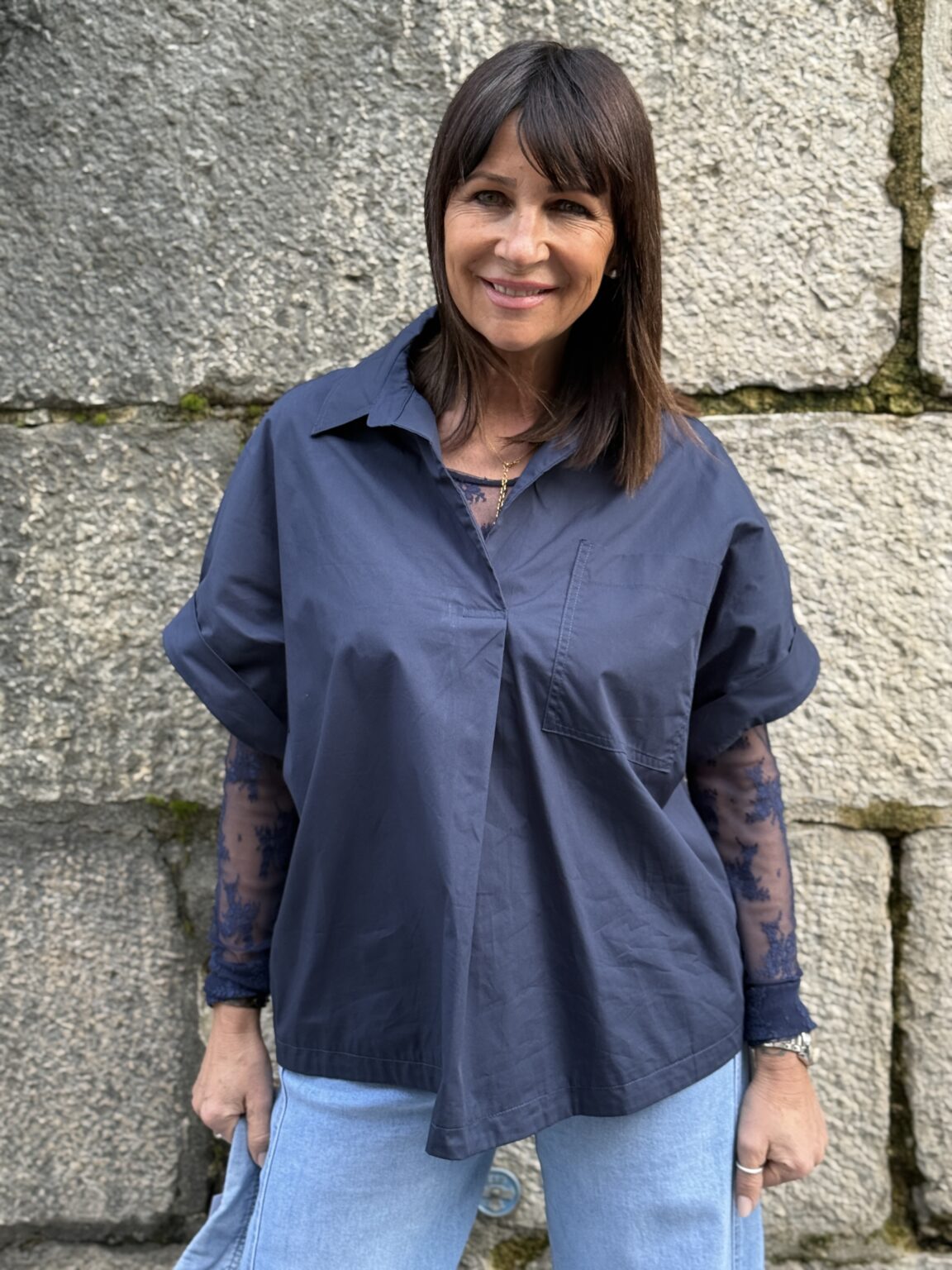 blouse large en coton à manches courtes marine versigny