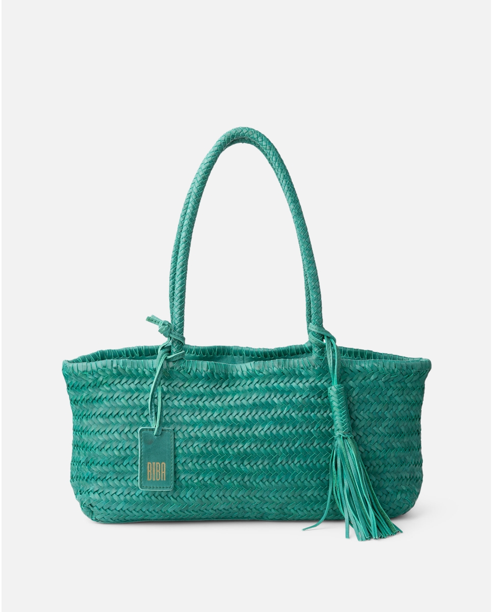 sac baguette en cuir tressé bleu turquoise perkins biba
