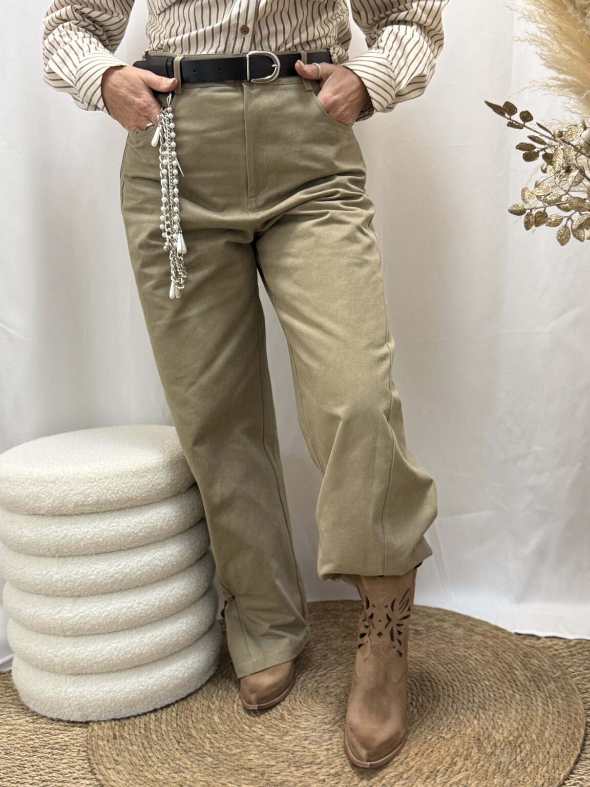 pantalon large 100% coton kaki beige