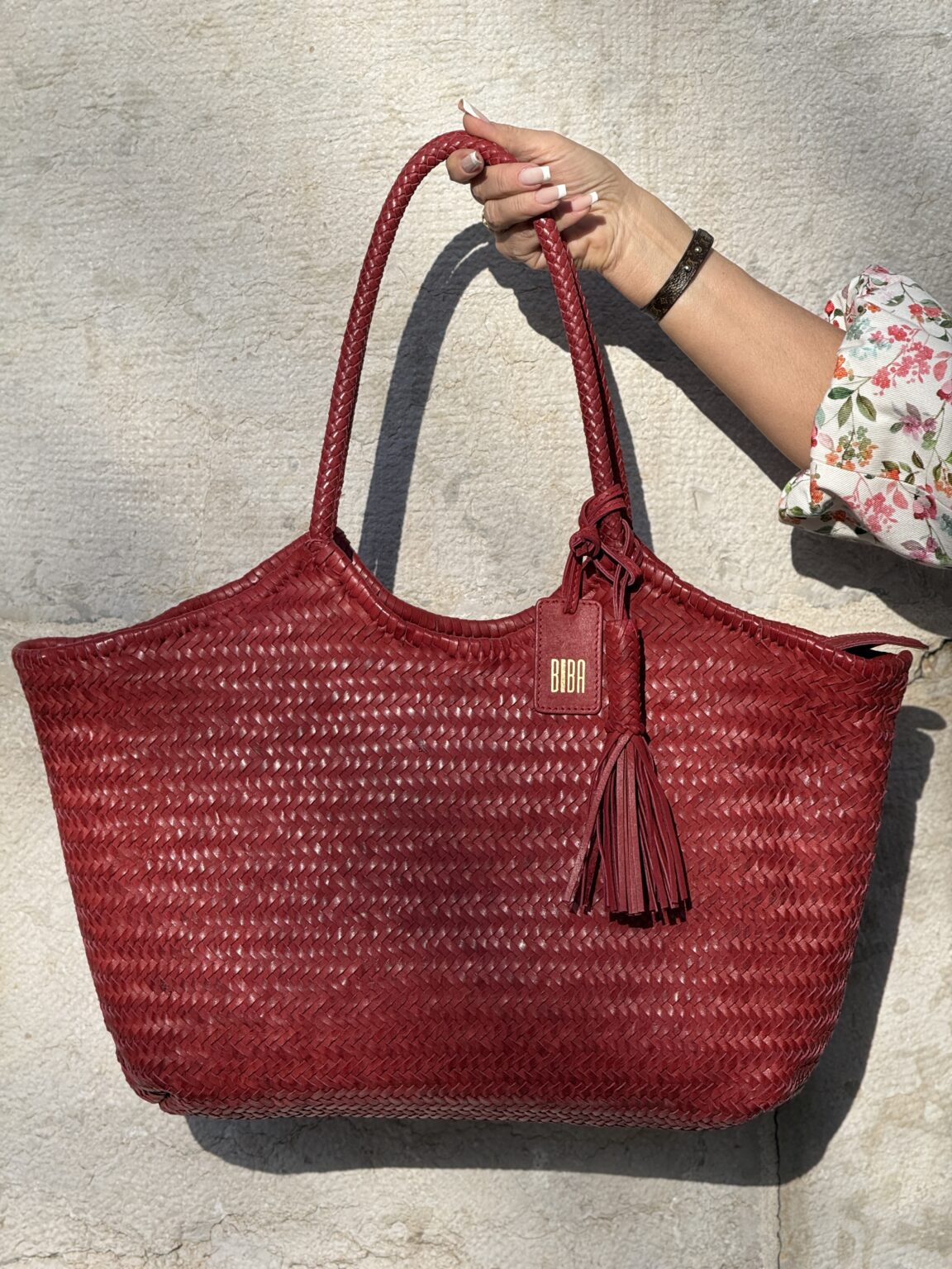 sac cabas en cuir tressé rouge perkins biba