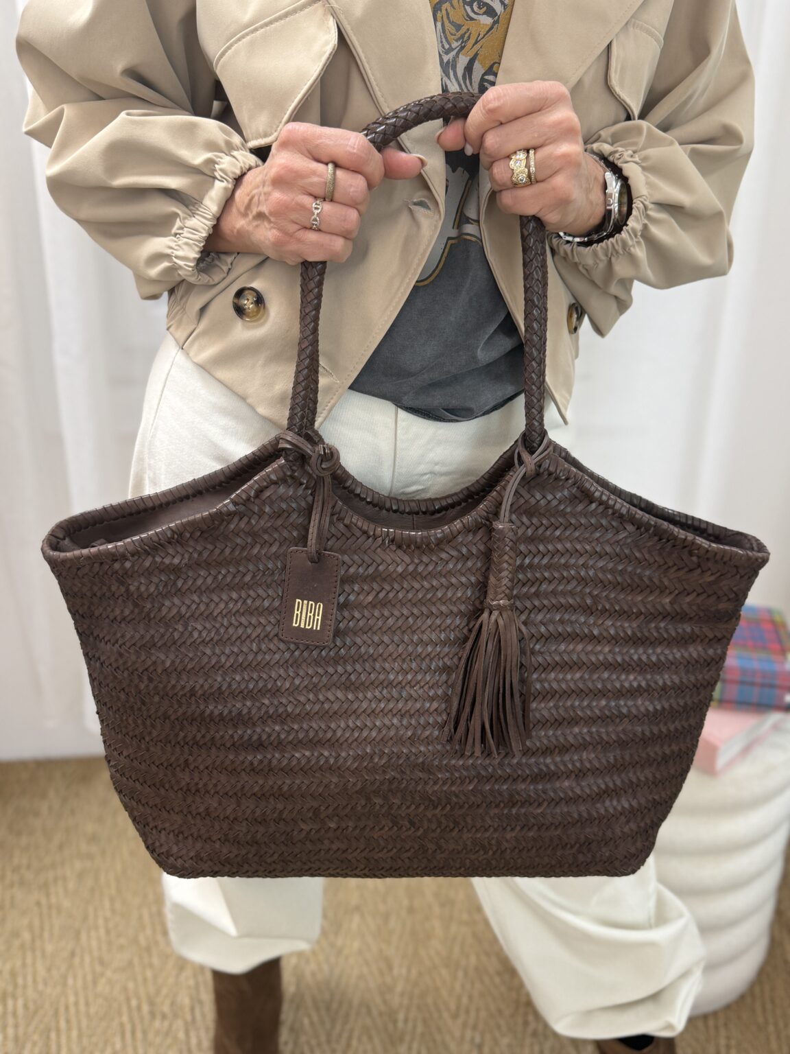 sac cabas en cuir tressé marron perkins biba