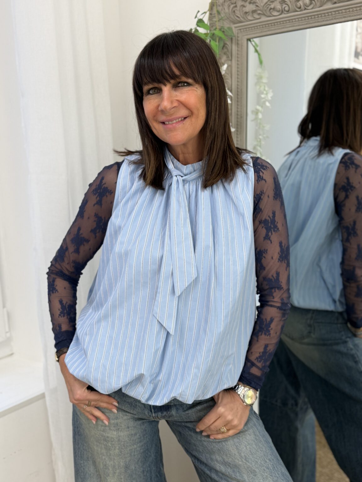 top ballon rayé sans manches en popeline bleu vanya