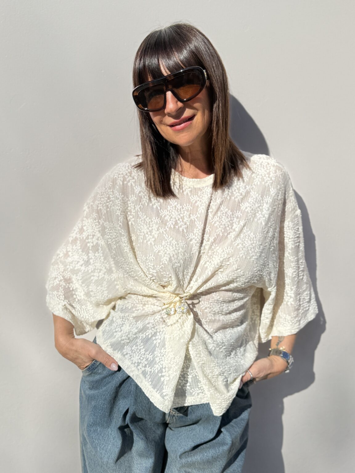 top dentelle florale manches 3/4 beige