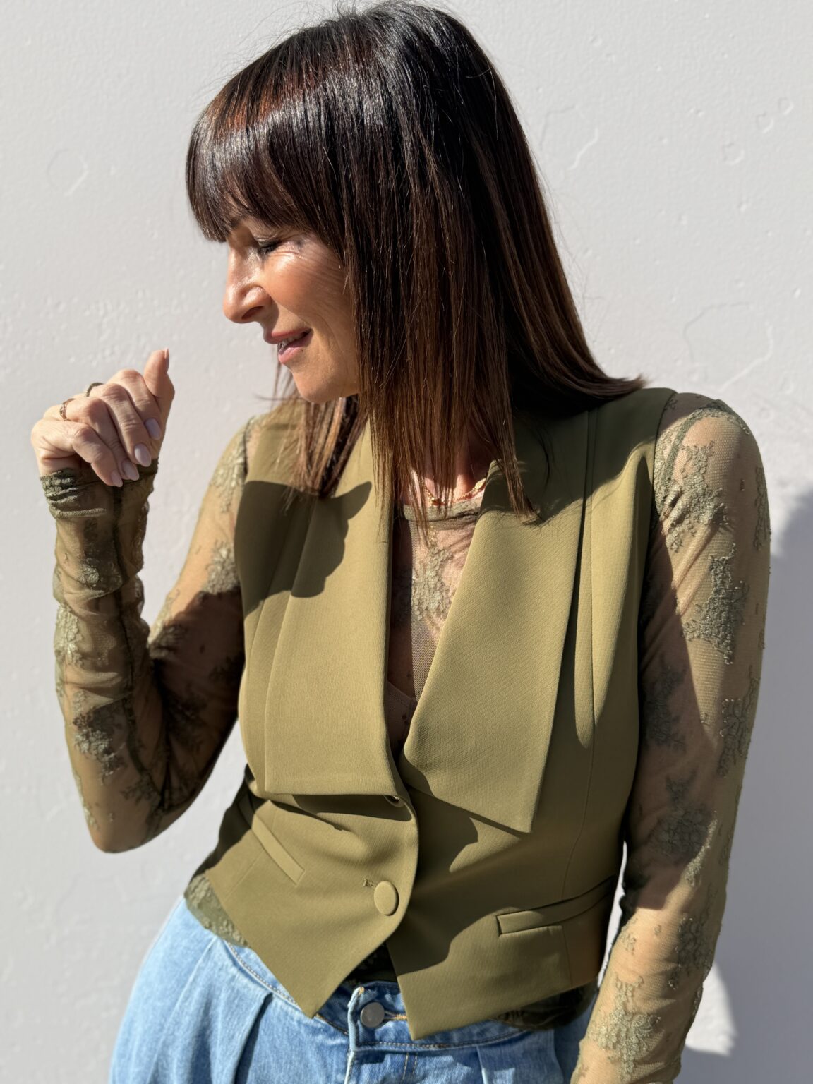 top dentelle manches longues kaki