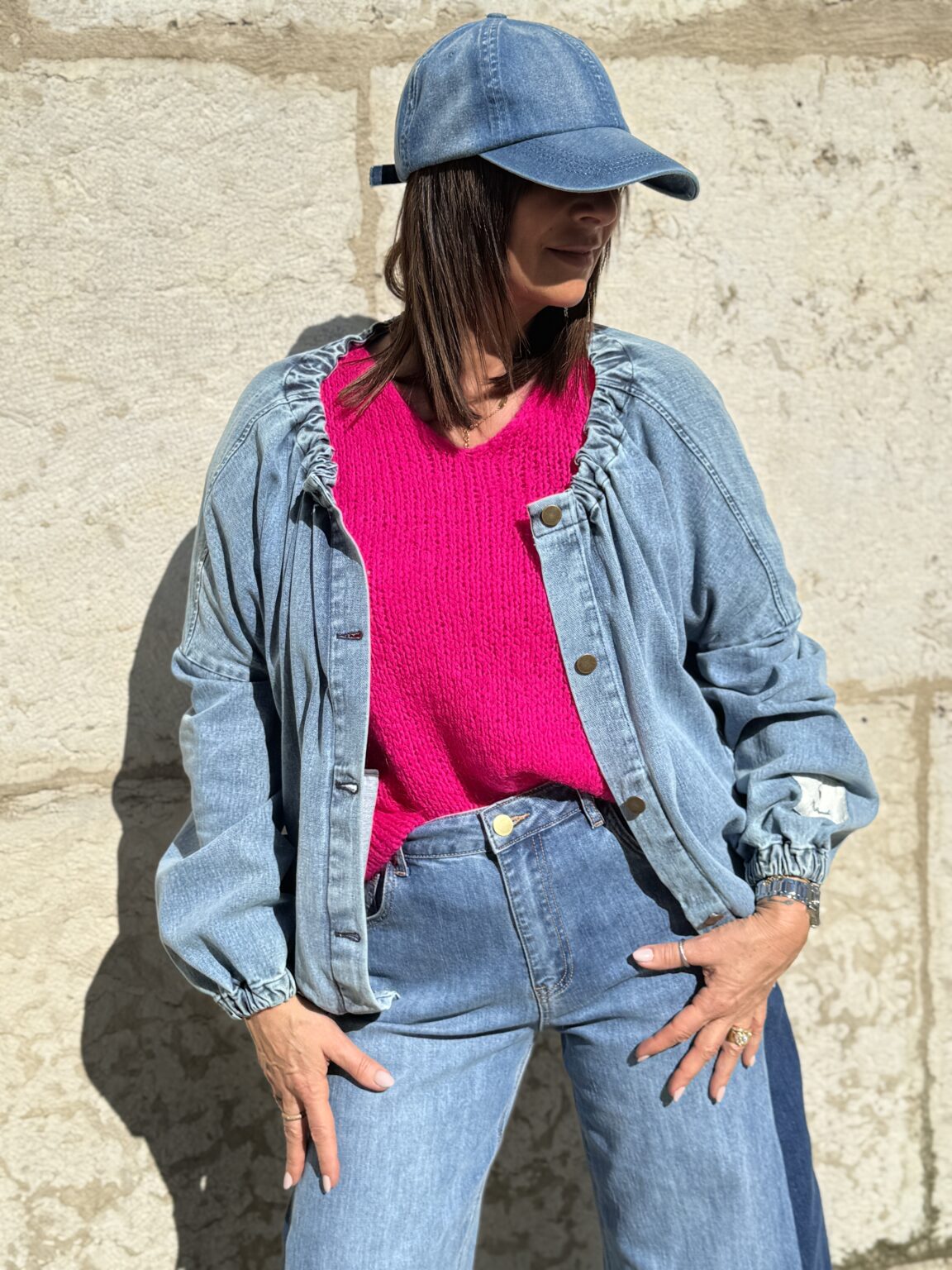 veste courte en jean col froncé