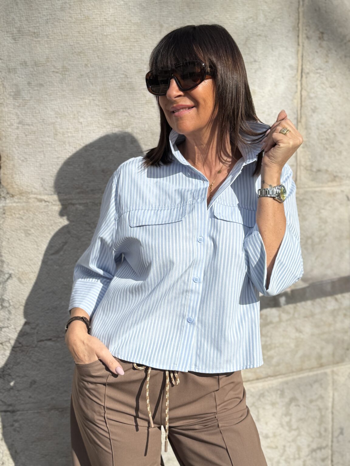 chemise courte rayée en coton bleu ciel voice