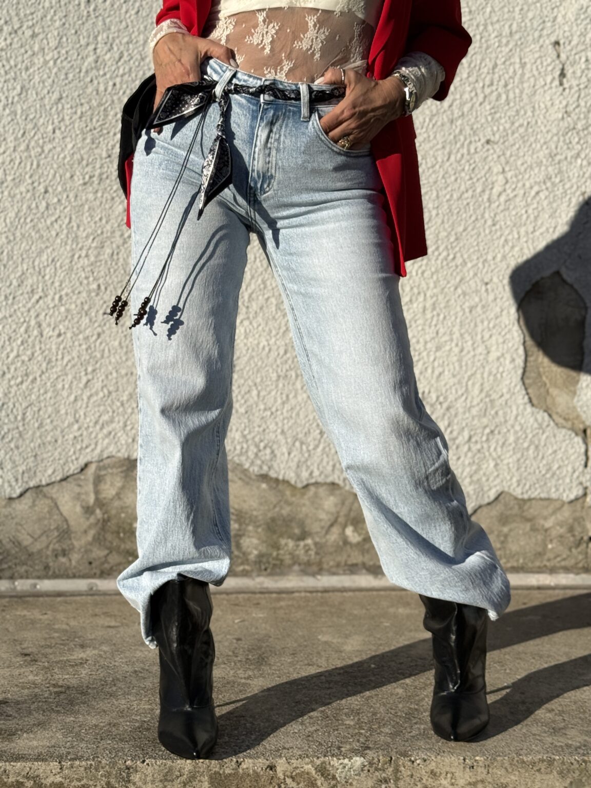 jean ample ceinture bandana denim bleu clair