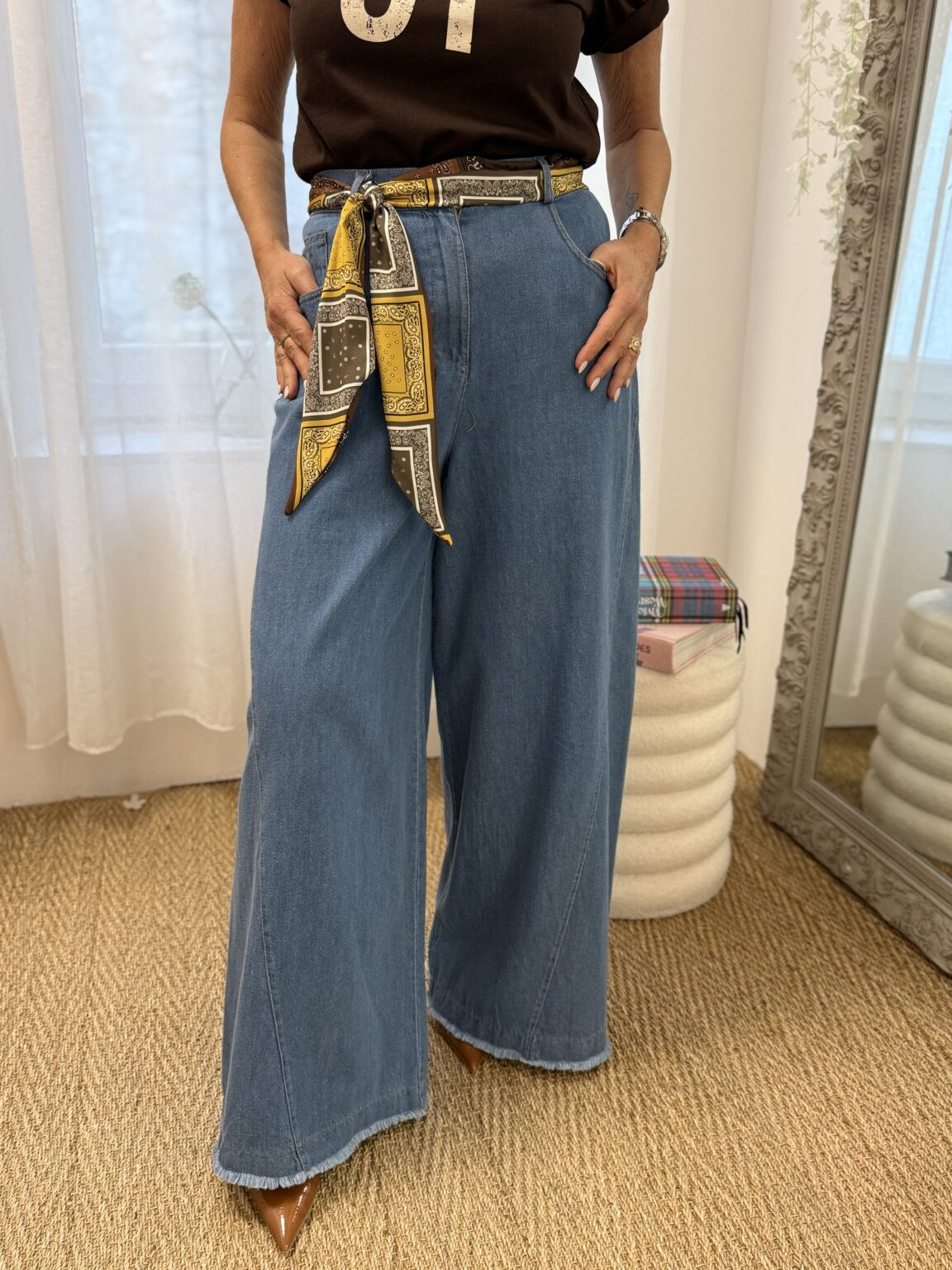 jean large en denim avec ceinture foulard kikisix