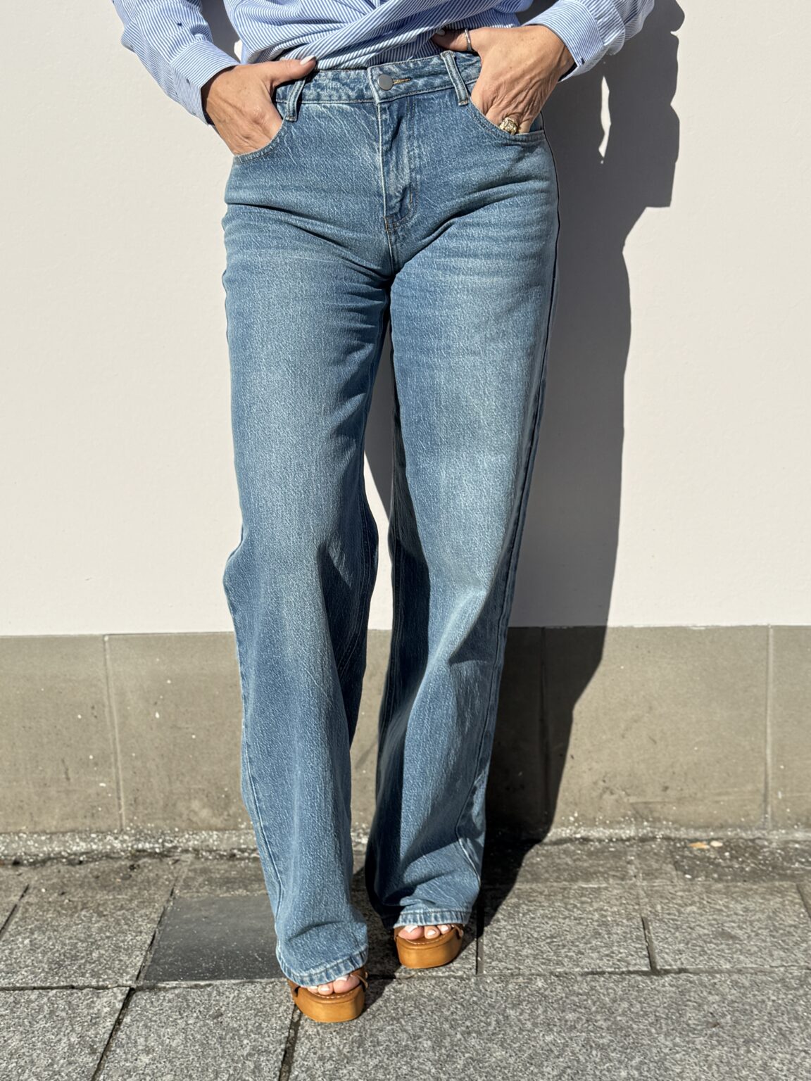 jean large taille haute denim bleu