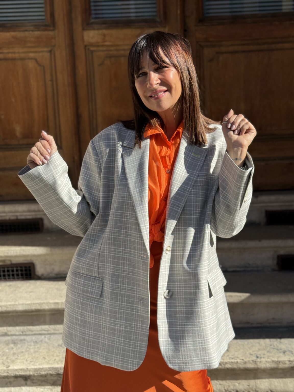 veste blazer oversize à carreaux beige et blanc