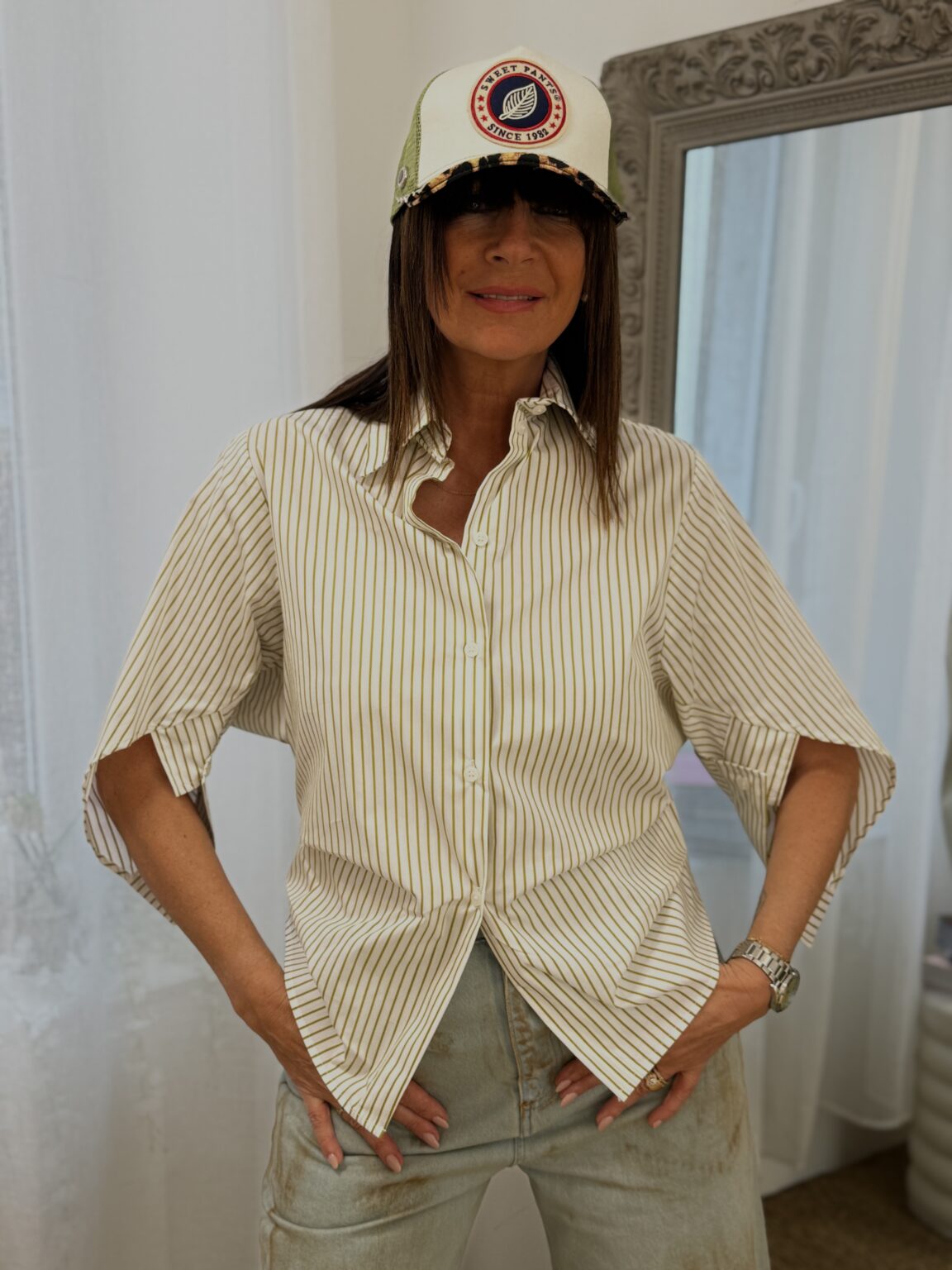 chemise rayée asymétrique beige et vert olive kikisix