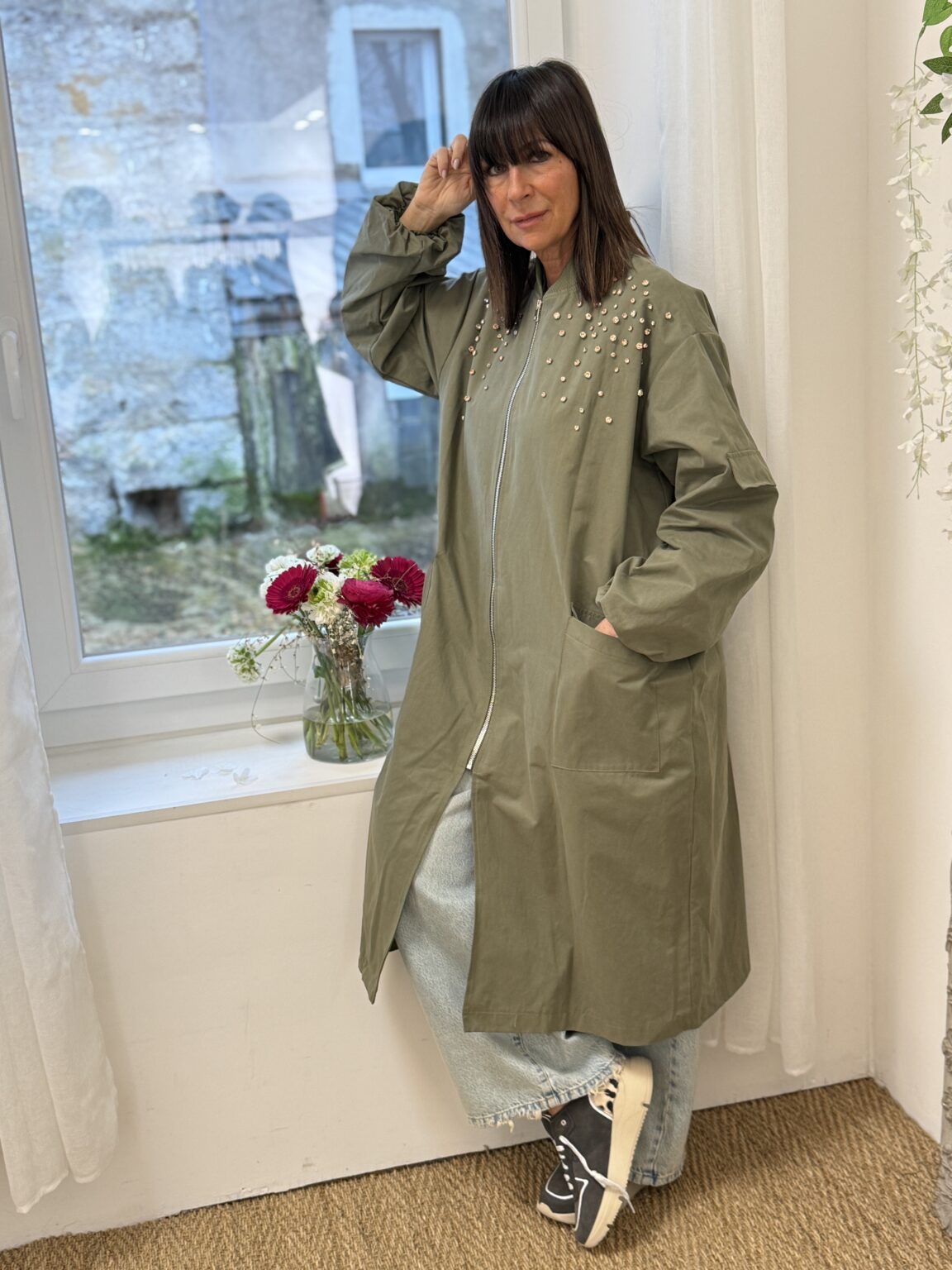 manteau long esprit bomber beige à strass kikisix