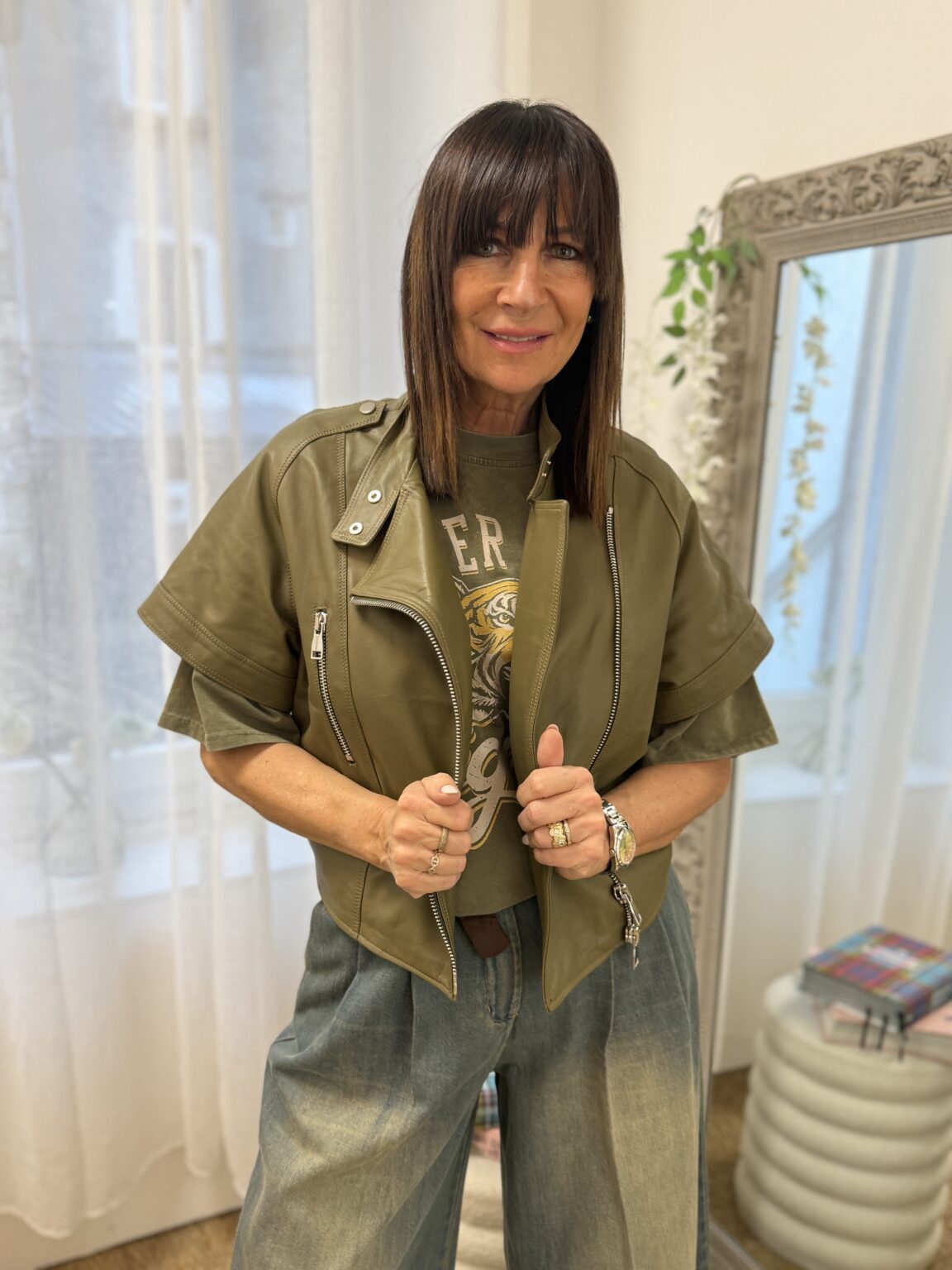 perfecto manches courtes en cuir kaki