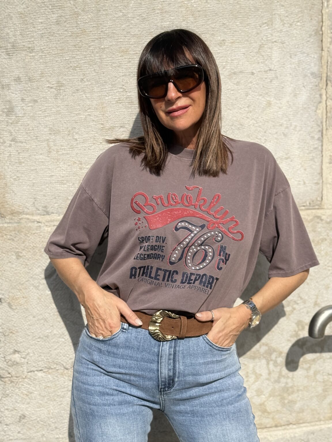 t shirt marron imprimé "brooklyn" kikisix