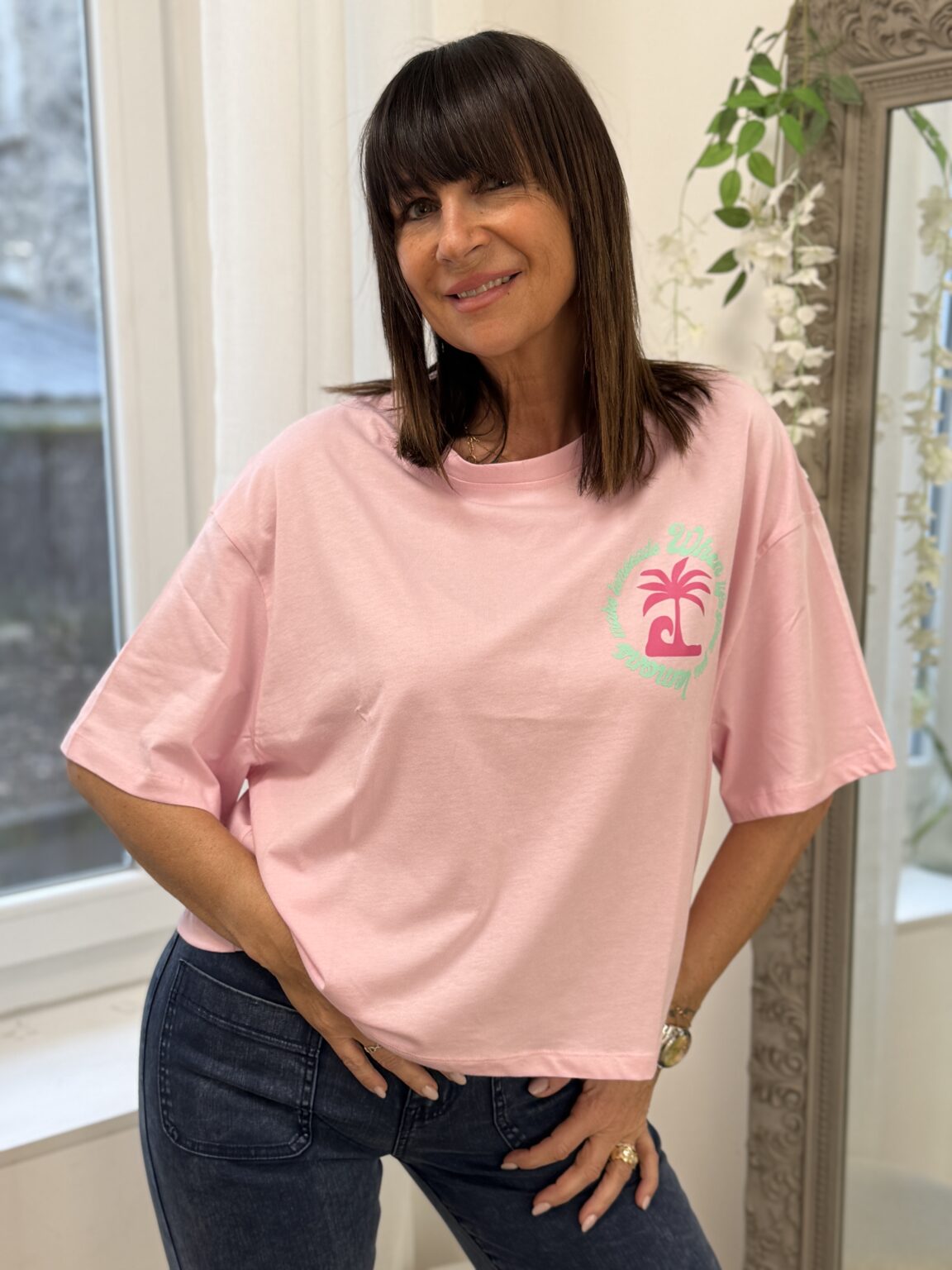 t shirt rose imprimé palmier
